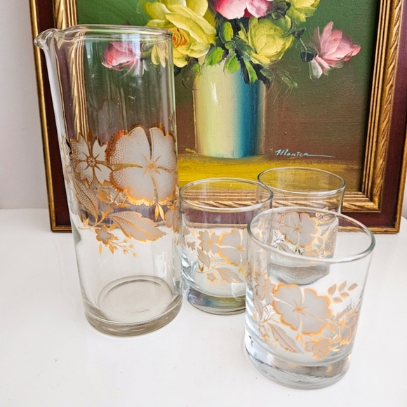 VTG Hollywood Regency Style White & Gold Glass Carafe & Low-Ball Glass Set - Picture 2 of 4